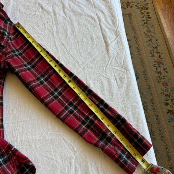 Eddie Bauer Woman's Red Plaid Flannel Shirt with faux leather shoulder patch - Picture 6 of 8